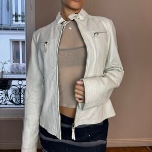 Vintage 90s fitted white leather moto jacket (S/M)
